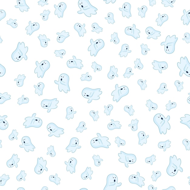 Halloween background Seamless pattern of cute cartoon ghosts with different faces