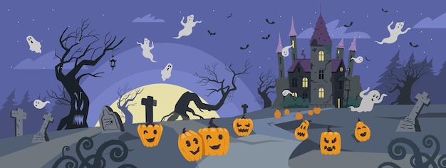 Illustrazione vettoriale di sfondo di halloween paesaggio spaventoso con vecchio castello, cimitero