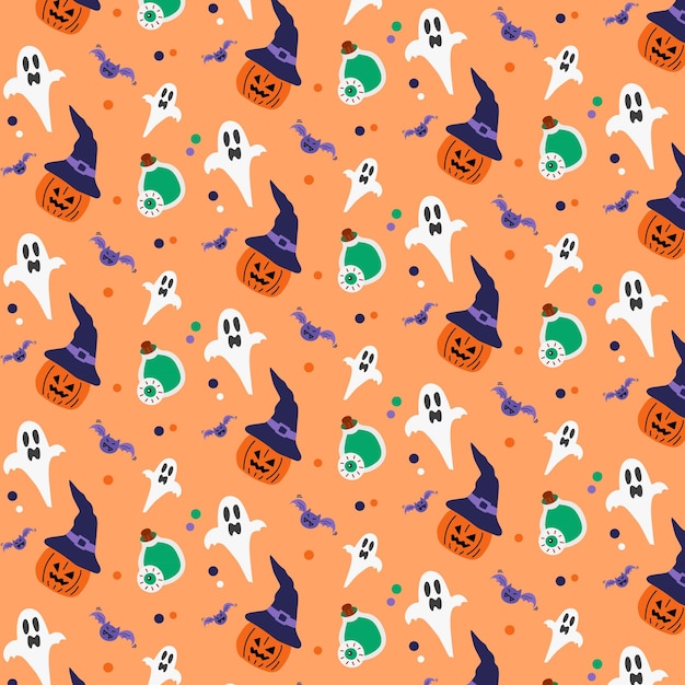 Vector halloween background witch theme element illustration on orange background seamless pattern in vector