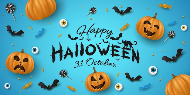 Halloween background with 3d emotional cartoon smiling pumpkins Decorative eyes sweets lollipops