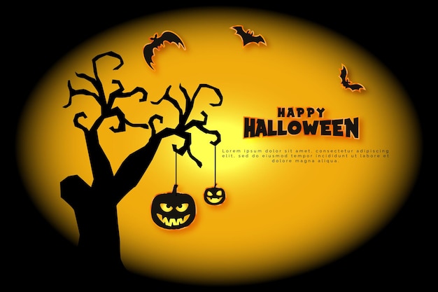 Фон на хэллоуин с жутким деревом летучих мышей, повешенной тыквой и специальным текстовым эффектом
