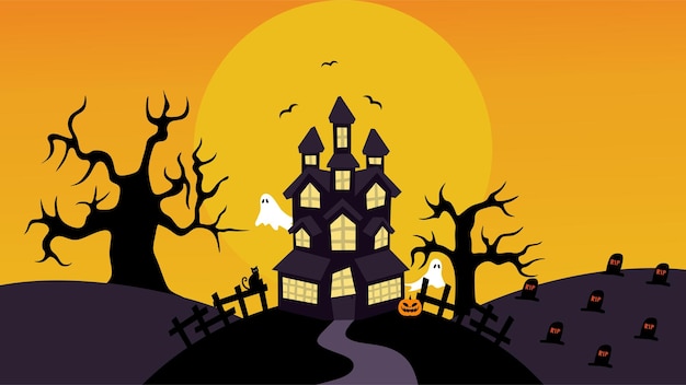 Halloween Background with a Big Moon and Scary Castle