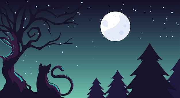 Halloween background with cat in the dark field