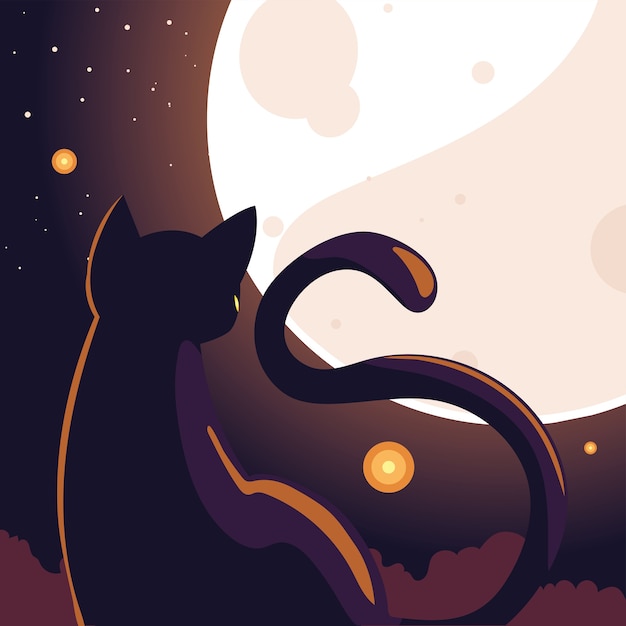 Vector halloween background with cat in dark night and full moon