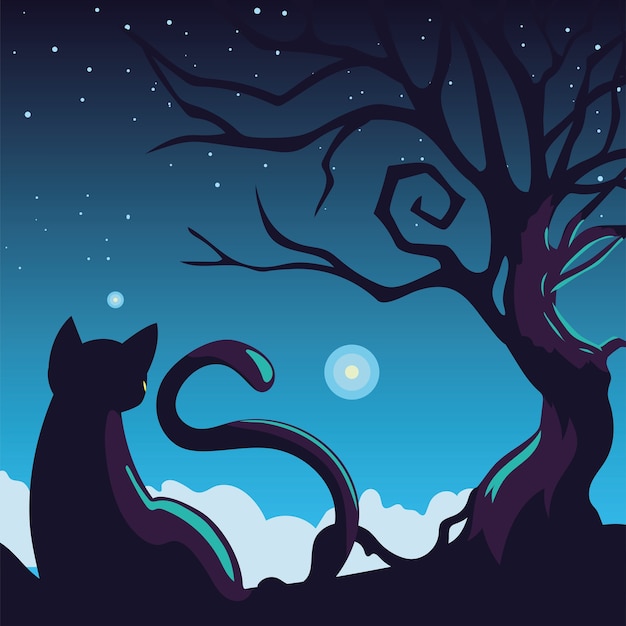 ベクトル 暗い夜の猫とハロウィン背景