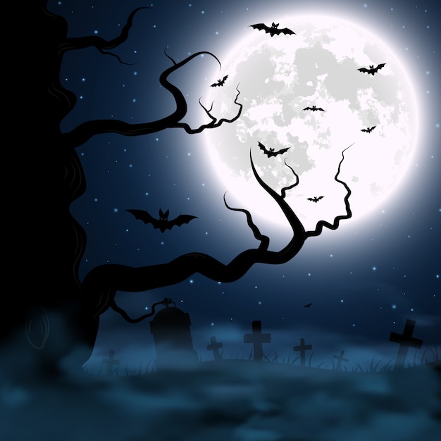 Vector halloween background with cemetery, tree and moon.   illustration