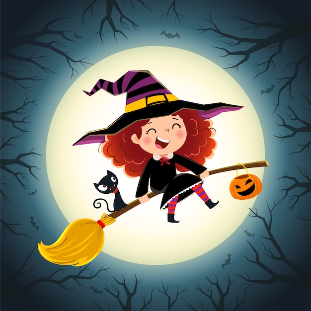 Halloween background with cute little girl witch and kitten flying on a broom.