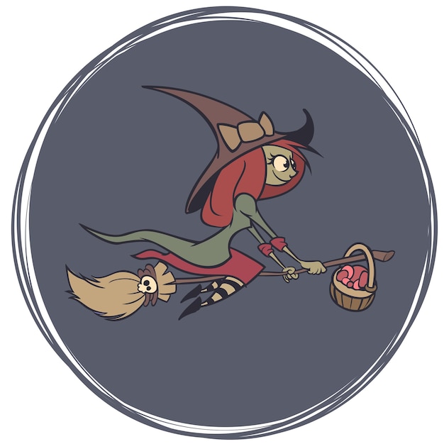 Vector halloween background with cute witch flying on her broom