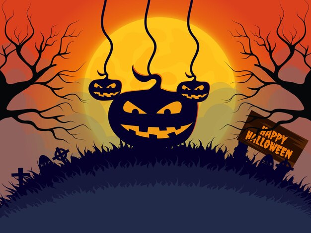 Halloween background with dead trees and pumpkins