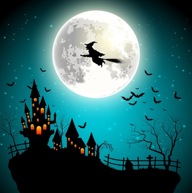 Vector halloween background with flying witch on the full moon