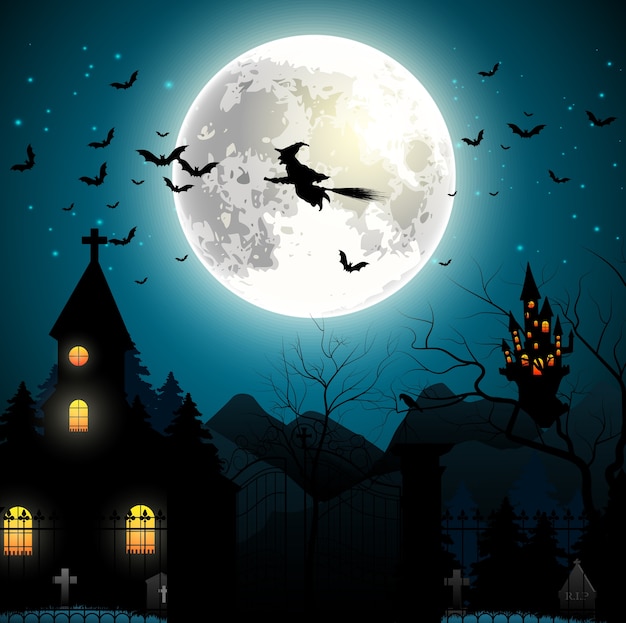満月の魔女を飛ぶハロウィーンの背景