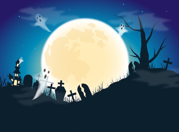 Halloween Background with Full Moon. Castle, ghosts and graveyard. Vector illustration.