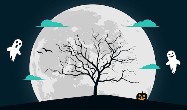 Vector halloween background with full moon, pumpkin, haunted and bats illustration