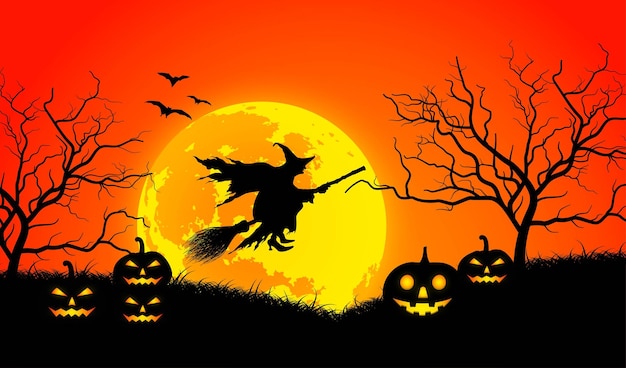 ハロウィーンの背景に満月、魔女、カボチャ、コウモリのイラスト