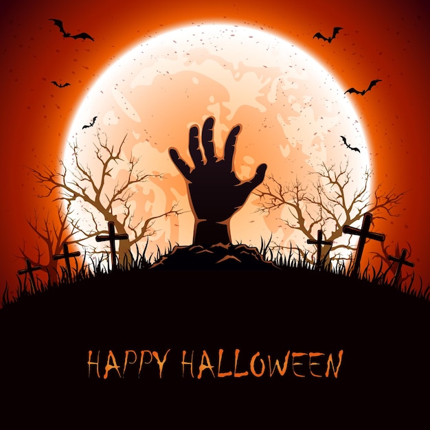 Halloween background with hand on cemetery