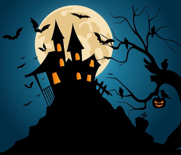 Sfondo di halloween con il castello infestato nella luna piena