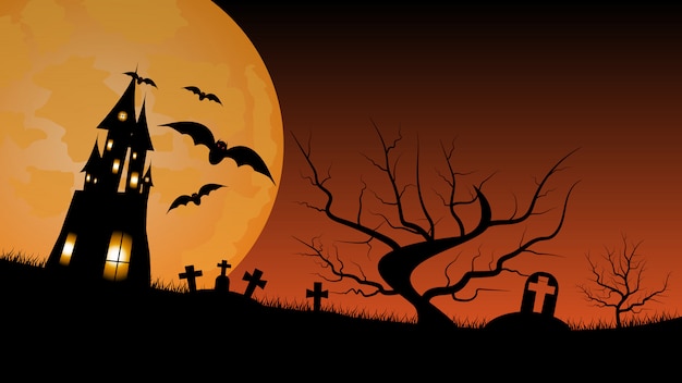 Halloween background with haunted house and graveyard. 