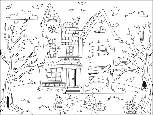 Halloween background with haunted house outlined for coloring page