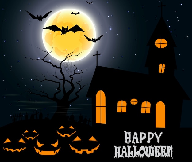 Halloween background with haunted house and scary pumpkins