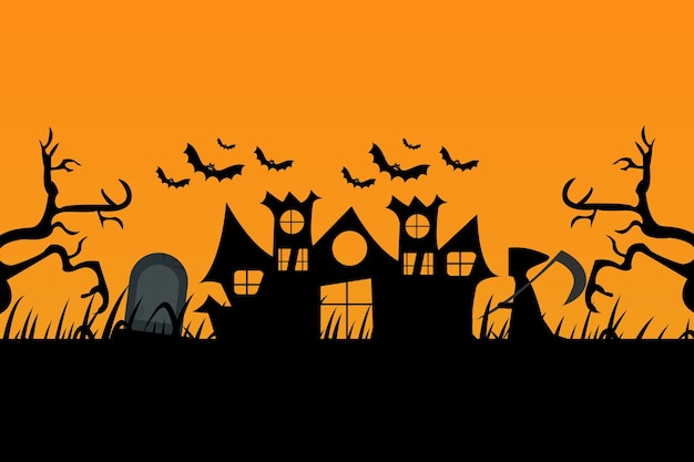 A halloween background with a house and bats