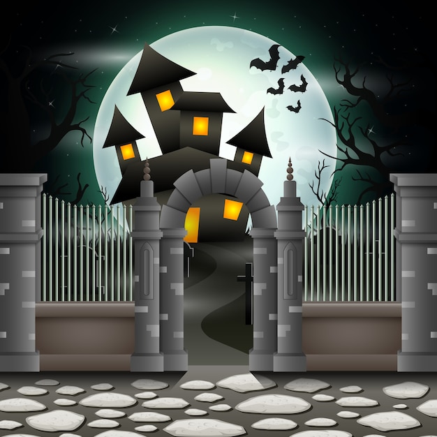 Halloween background with house in full moon