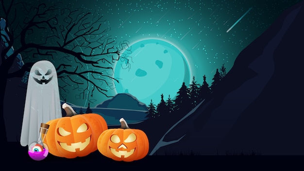 Sfondo di halloween con paesaggio notturno, fantasmi e zucca jack