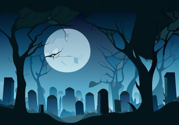 halloween background with old cemetery gravestones spooky leafless trees