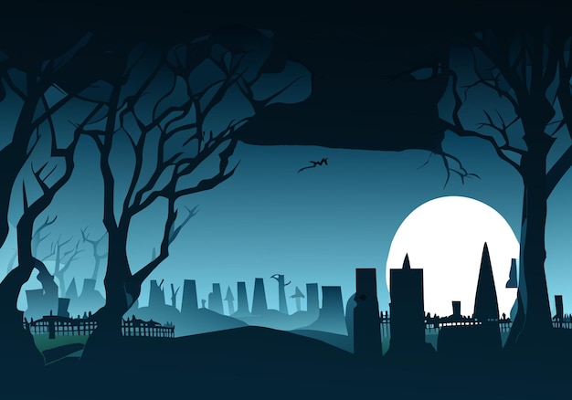 halloween background with old cemetery gravestones spooky leafless trees