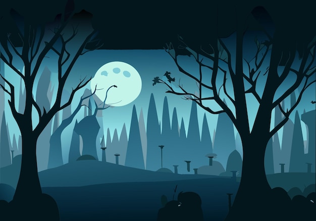 Halloween background with old cemetery gravestones spooky leafless trees