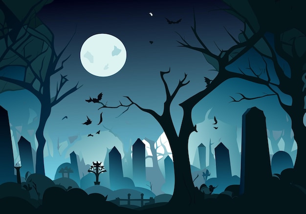 halloween background with old cemetery gravestones spooky leafless trees
