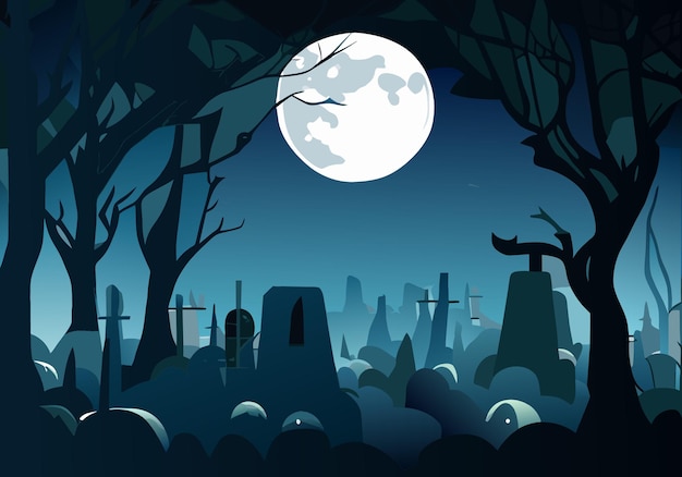 Halloween background with old cemetery gravestones spooky leafless trees