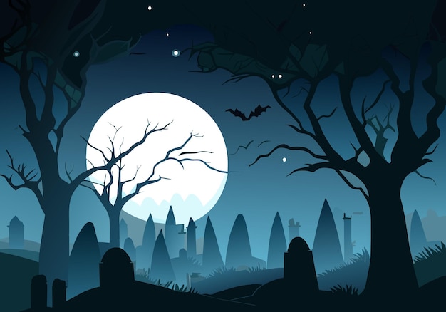 halloween background with old cemetery gravestones spooky leafless trees