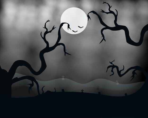 Vettore halloween sfondo con vecchia lapide del cimitero con albero senza foglie spettrale