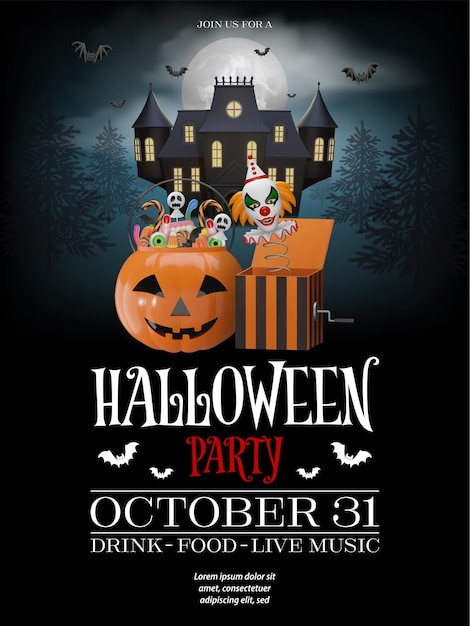 Vettore sfondo di halloween con secchio di zucca e clown malvagio nella scatola poster della festa di halloween