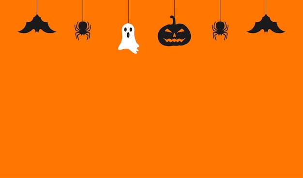 Vector halloween background with pumpkin, cute ghost, spider and bats illustration