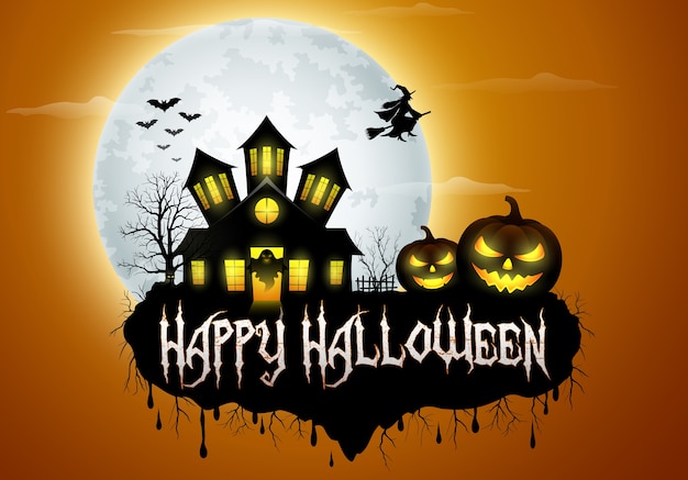 Halloween background with pumpkin, haunted house and full moon