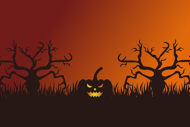 Vettore sfondo di halloween con una zucca e alberi nel buio