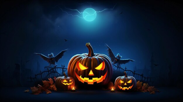 Halloween background with pumpkins and bats 3d render illustration