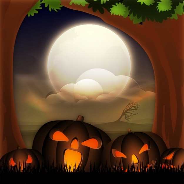 Halloween background with pumpkins and full moon