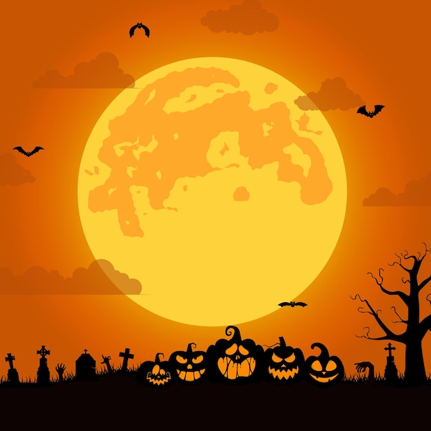 halloween background with pumpkins spooky tree vintage haunted house and bats flying over cemetery