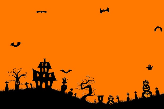 Vector halloween background with pumpkins spooky tree vintage haunted house and bats flying over cemetery