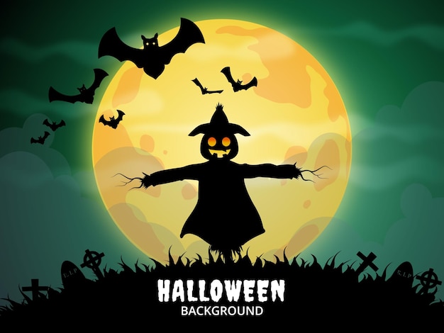 Halloween background with scarecrow and moon