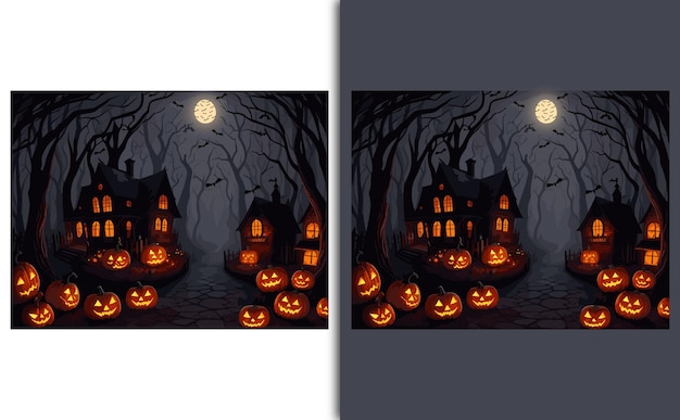 Halloween background with scary pumpkins and bats in a dark forest at night with a party borer backg