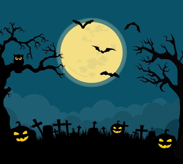 halloween background with scary pumpkins and bats
