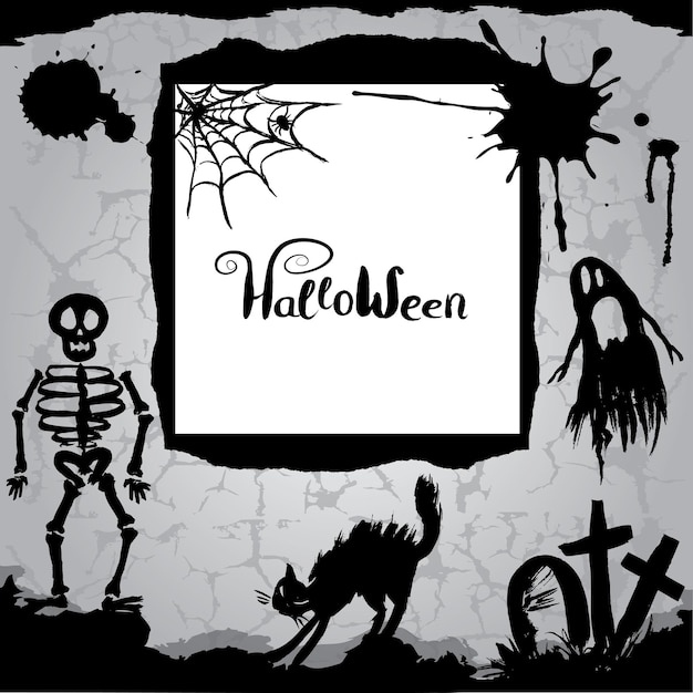 halloween background with scary skeleton cat and ghost Vector Illustration