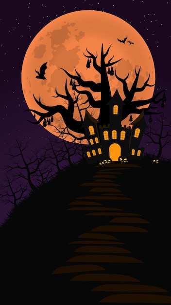 Vector halloween background with silhouette castle, bats and big moon