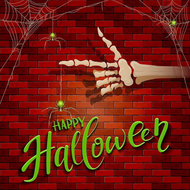 Halloween background with skeleton hand and spider