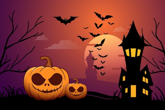 Halloween background with spooky pumpkins horror house and bat silhouettes in flat design