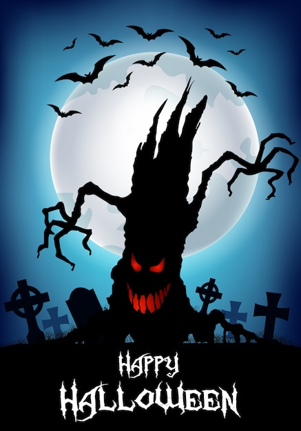 Vector halloween background with tree silhouette and cemetery