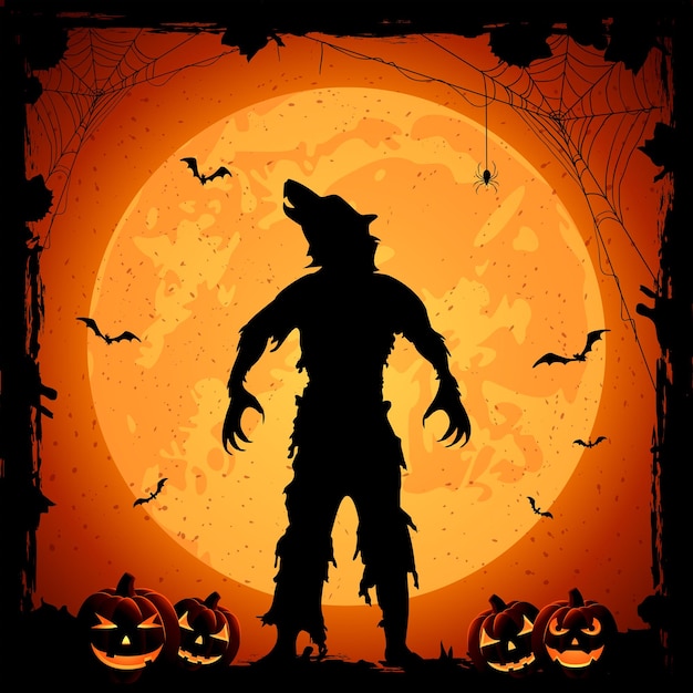Vector halloween background with werewolf and pumpkins